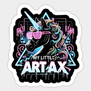 Neon unicorn artwork, futuristic mood, black style, wearing sunglasses, My little artax Sticker